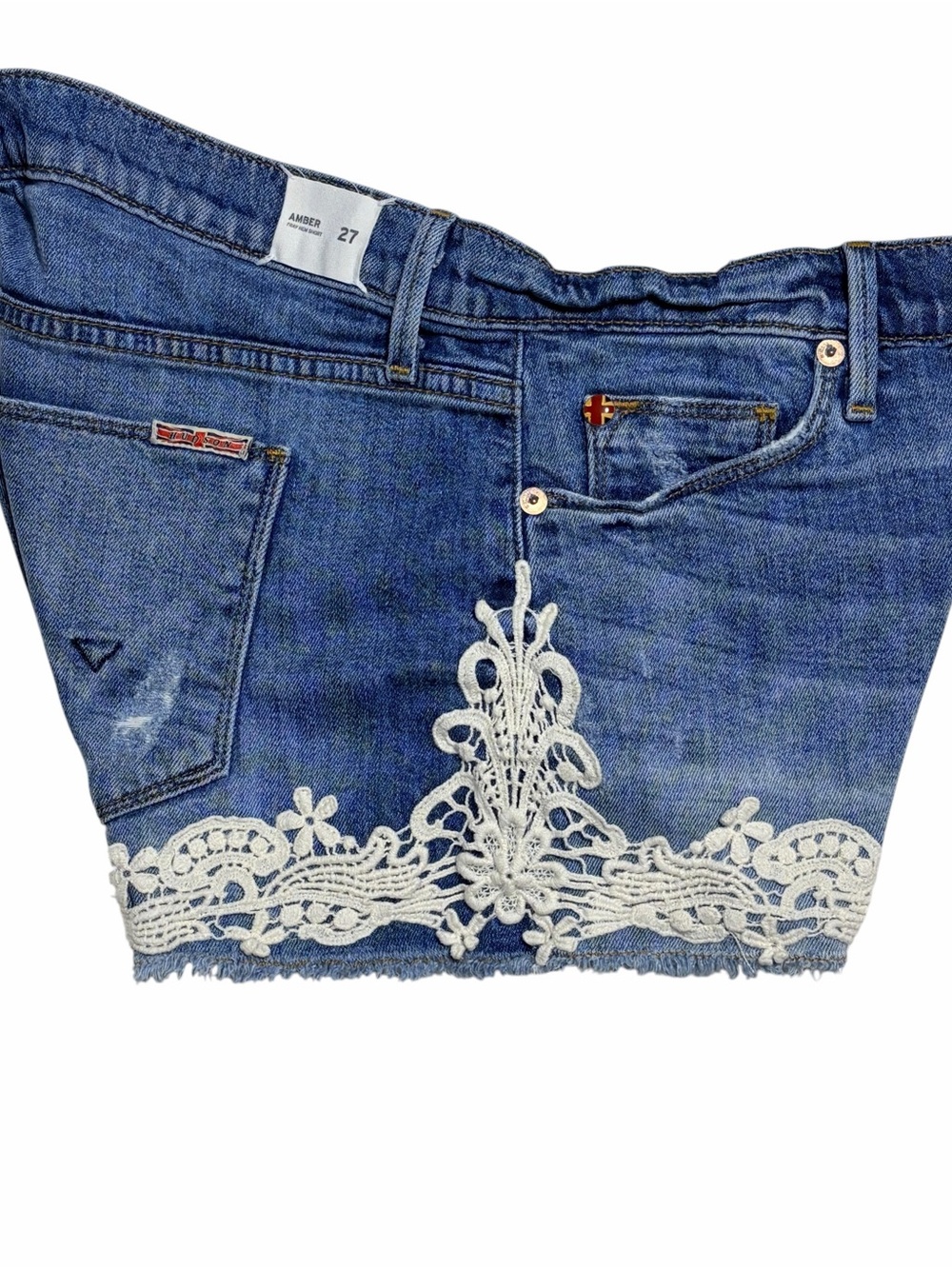 new Amber Fray Raw Edge Hem Denim Shorts with Lace Applique - Picture 11 of 16